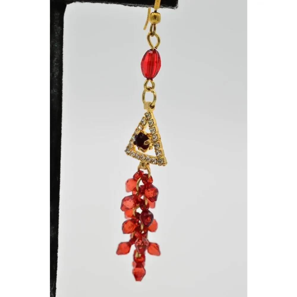 Statement Dangle Earrings Earrings Red Rhinestone Crystal Beaded Cluster Gold 9L